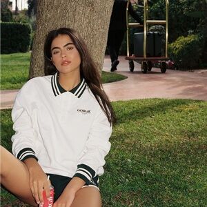 Gorgie White polo fleece top with Green Trim - medium